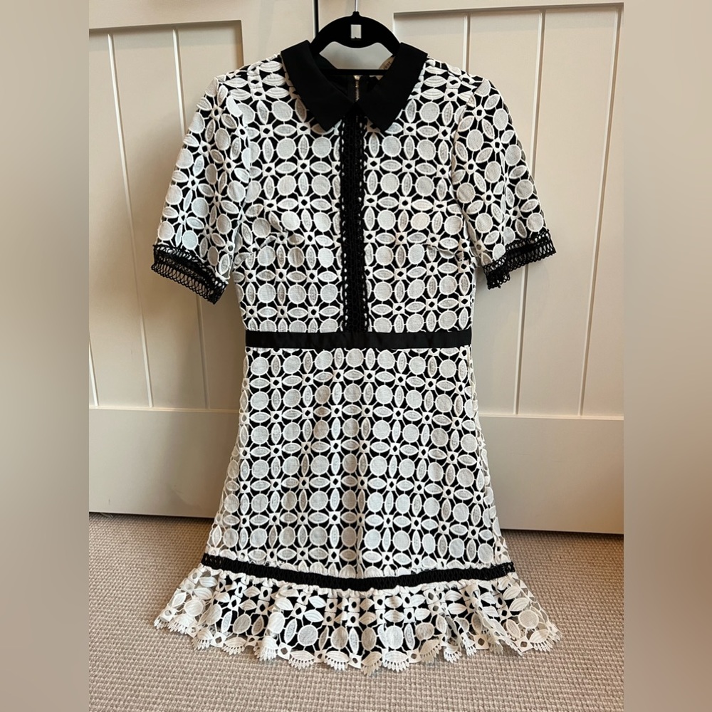 Black and white mini dress, floral lace overlay